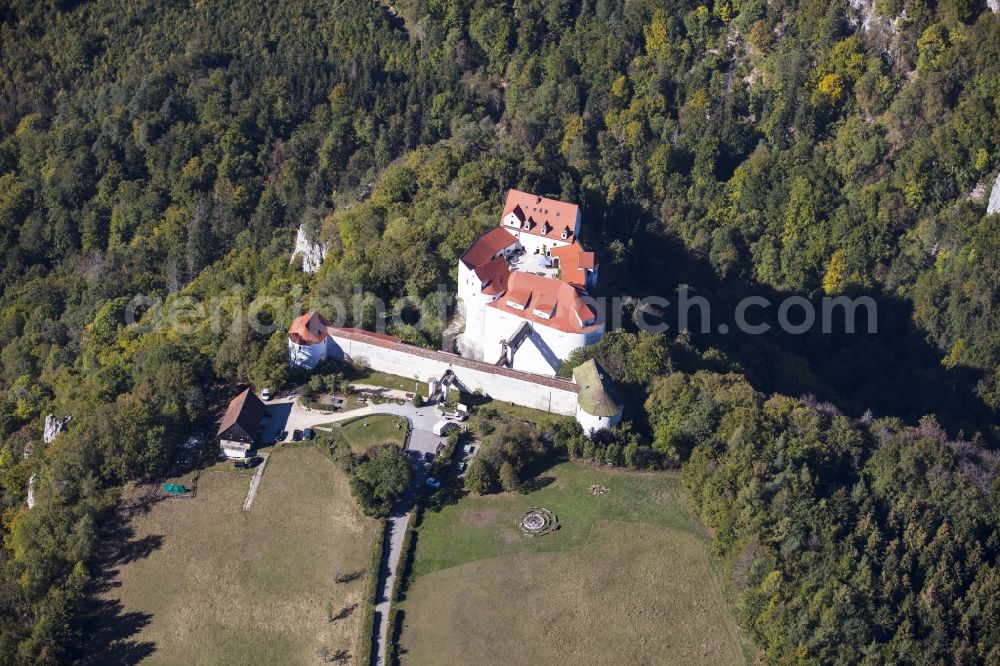 Leibertingen from above - Building the hostel DJH Burg Wildenstein in Leibertingen in the state Baden-Wurttemberg, Germany