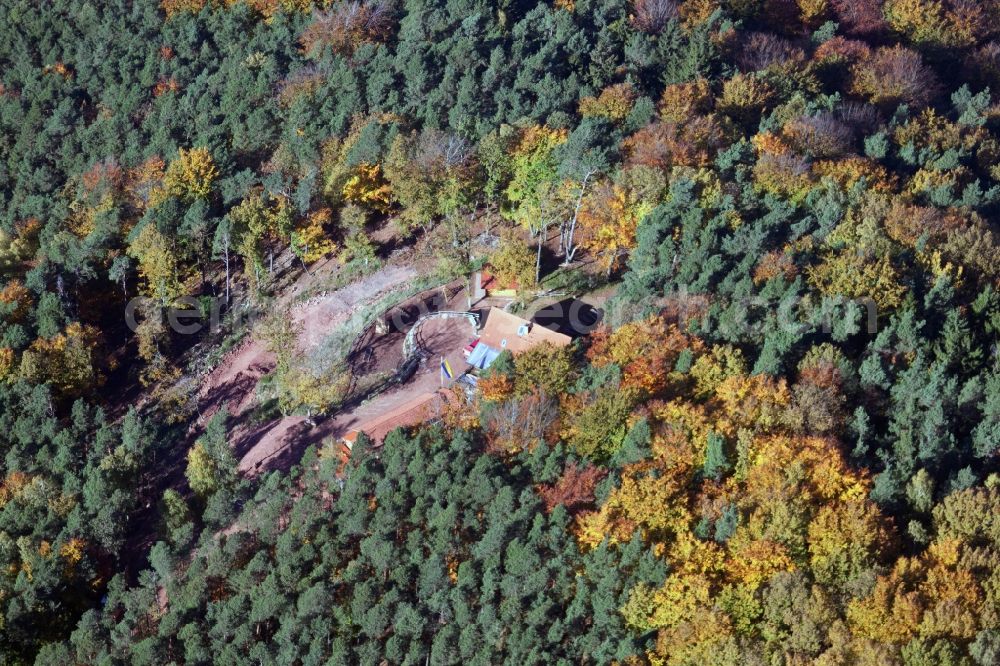 Annweiler am Trifels from above - Building of the hostel Jungpfalzhuette in Pfaelzerwald in Annweiler am Trifels in the state Rhineland-Palatinate