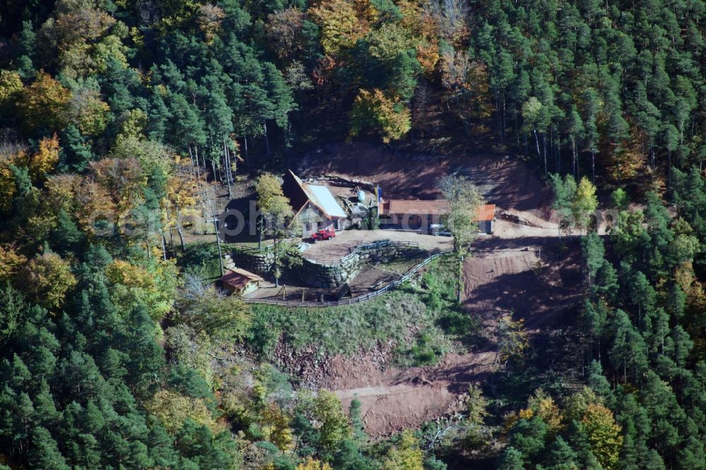 Annweiler am Trifels from the bird's eye view: Building of the hostel Jungpfalzhuette in Pfaelzerwald in Annweiler am Trifels in the state Rhineland-Palatinate