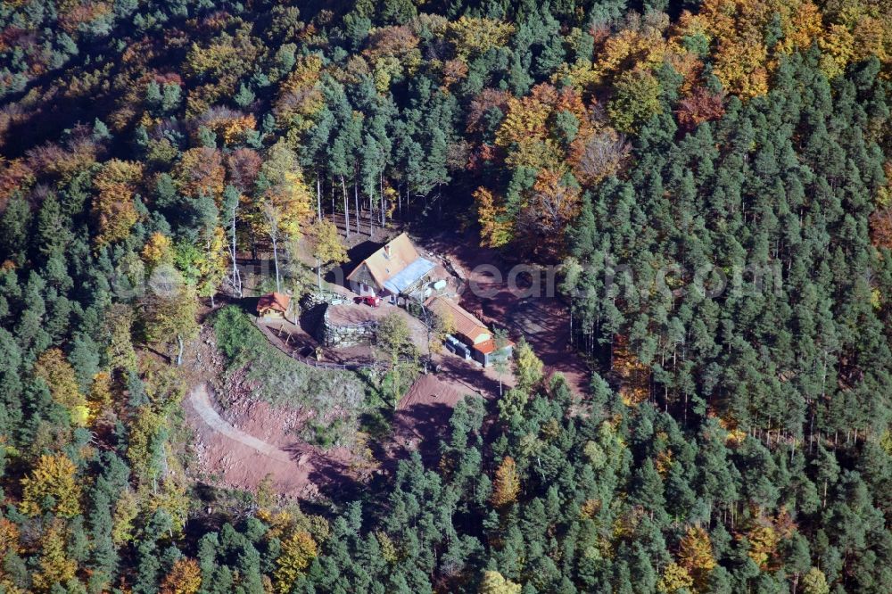 Annweiler am Trifels from above - Building of the hostel Jungpfalzhuette in Pfaelzerwald in Annweiler am Trifels in the state Rhineland-Palatinate