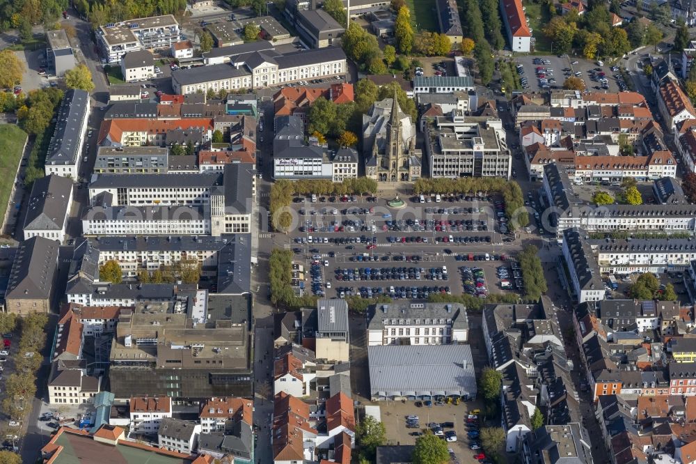 Saarlouis from above - Building of the Catholic Church at St. Louis Grand Market Place in the city center of Saarlouis in Saarland