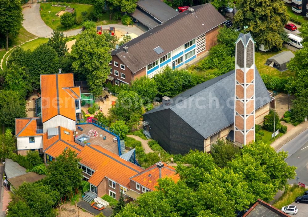 Heiligenhaus from above - Building the KITA Daycare - Nursery Steppkeshaus in Heiligenhaus in North Rhine-Westphalia. In the foreground the Catholic Rectory St. Ludger