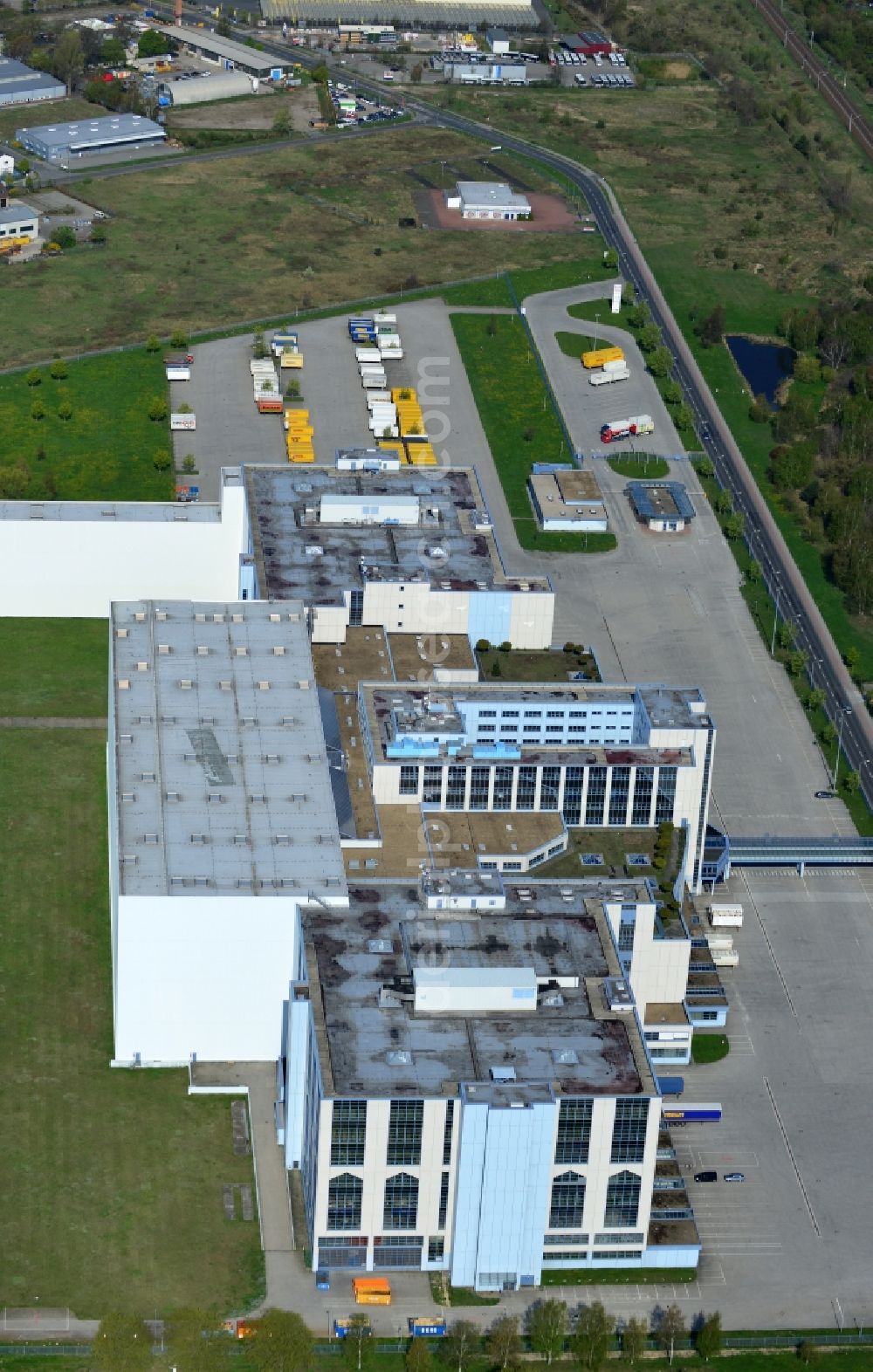 Falkensee from above - Building Complex of Herlitz works by Pelican International and the e-commerce center in Falkensee in Brandenburg