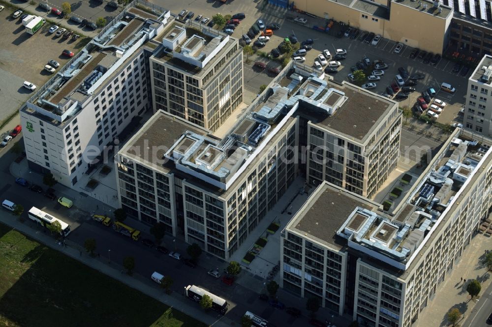 Aerial image Berlin - View on the building complex including the office building of the EHC Eisbaeren Management GmbH and the hotel facility Holiday Inn in Berlin in Germany