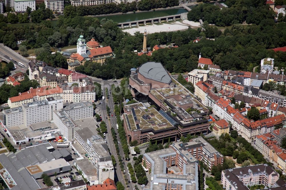 München from above - Building of the concert hall Gasteig in Munich in the state Bavaria. Gasteig is Munich's major cultural and educational center, located in the central district of Munich Haidhausen. In complex has among other things, the concert hall of the Munich Philharmonic, the city library and the adult education center