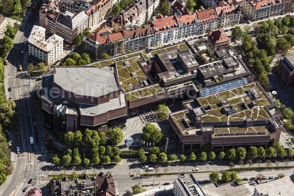 München from above - Building of the concert hall Gasteig in Munich in the state Bavaria. Gasteig is Munich's major cultural and educational center, located in the central district of Munich Haidhausen. In complex has among other things, the concert hall of the Munich Philharmonic, the city library and the adult education center