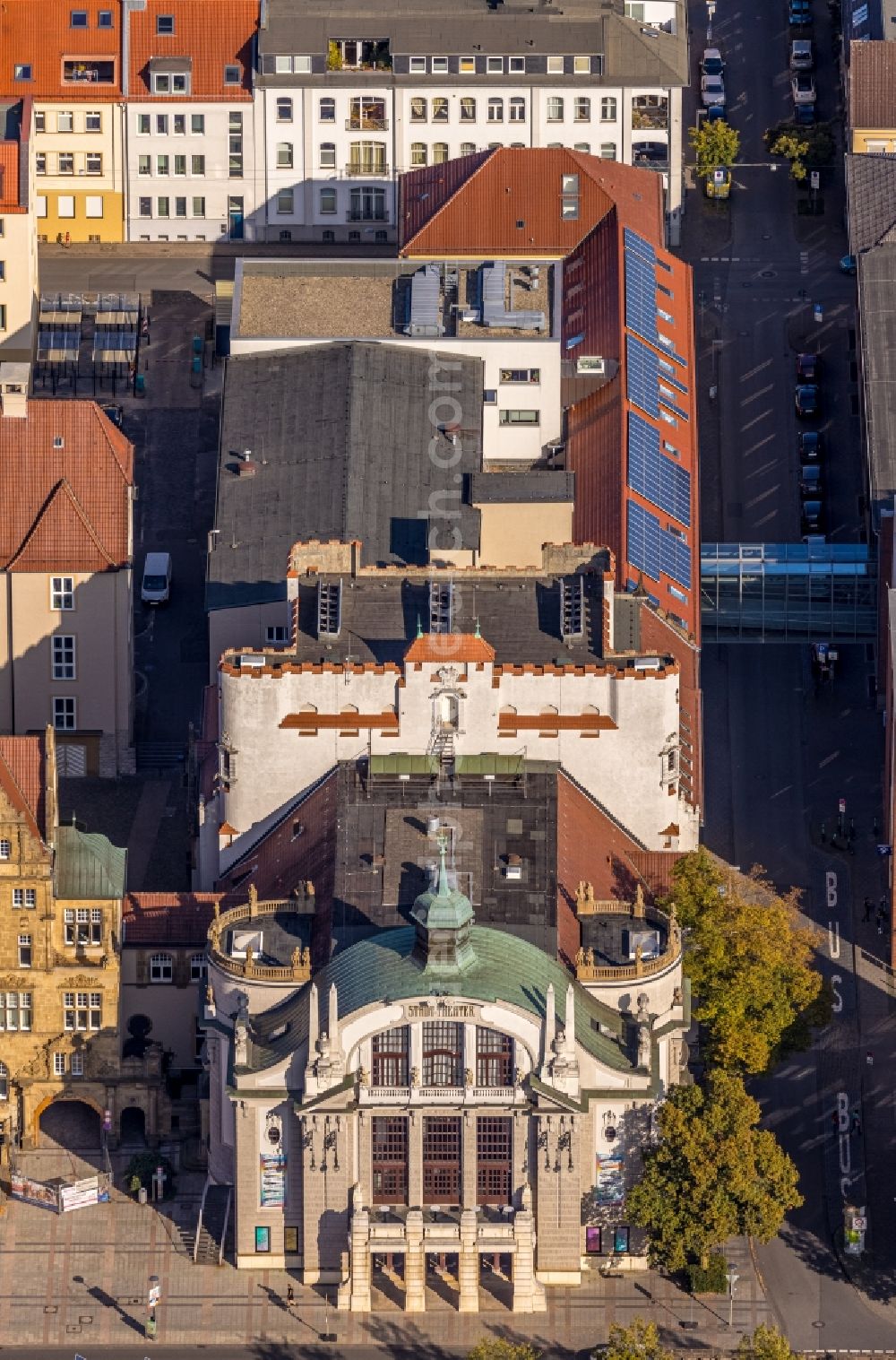 Aerial image Bielefeld - Building of the concert hall and theater playhouse in Bielefeld in the state North Rhine-Westphalia, Germany