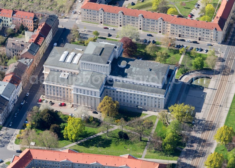 Dessau from above - Building of the concert hall and theater playhouse in Dessau in the state Saxony-Anhalt, Germany