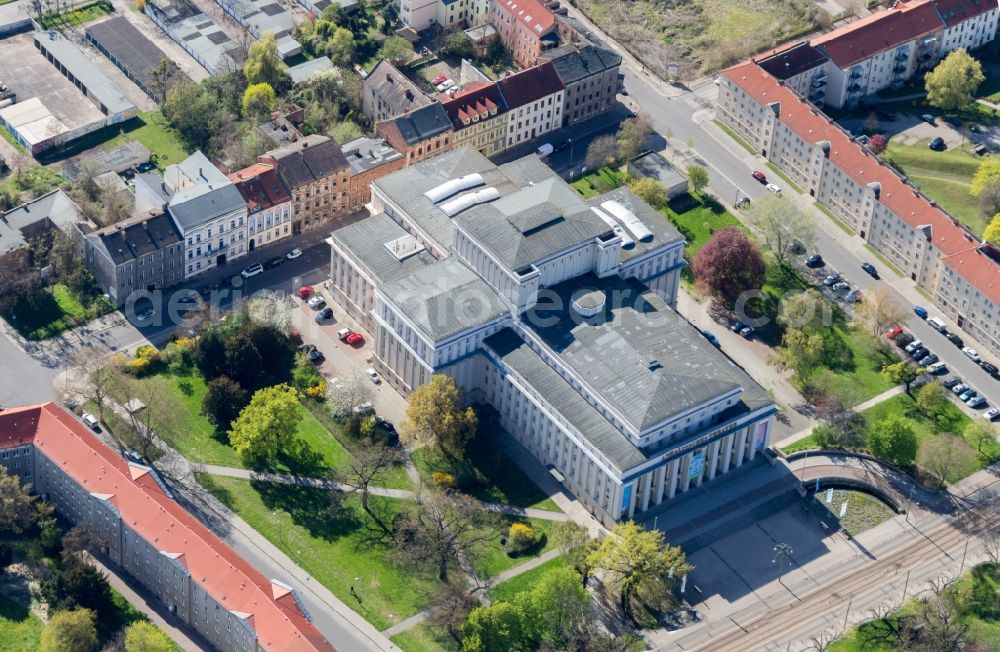 Dessau from the bird's eye view: Building of the concert hall and theater playhouse in Dessau in the state Saxony-Anhalt, Germany