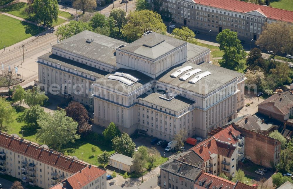 Dessau from the bird's eye view: Building of the concert hall and theater playhouse in Dessau in the state Saxony-Anhalt, Germany