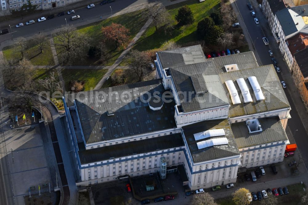 Dessau from the bird's eye view: Building of the concert hall and theater playhouse in Dessau in the state Saxony-Anhalt, Germany