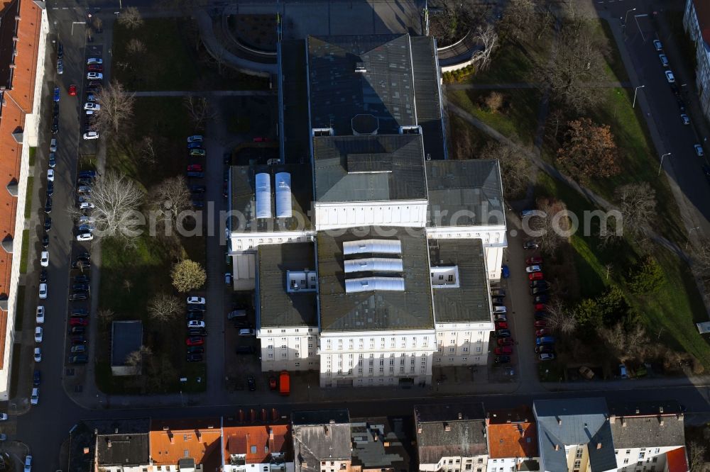 Dessau from above - Building of the concert hall and theater playhouse in Dessau in the state Saxony-Anhalt, Germany