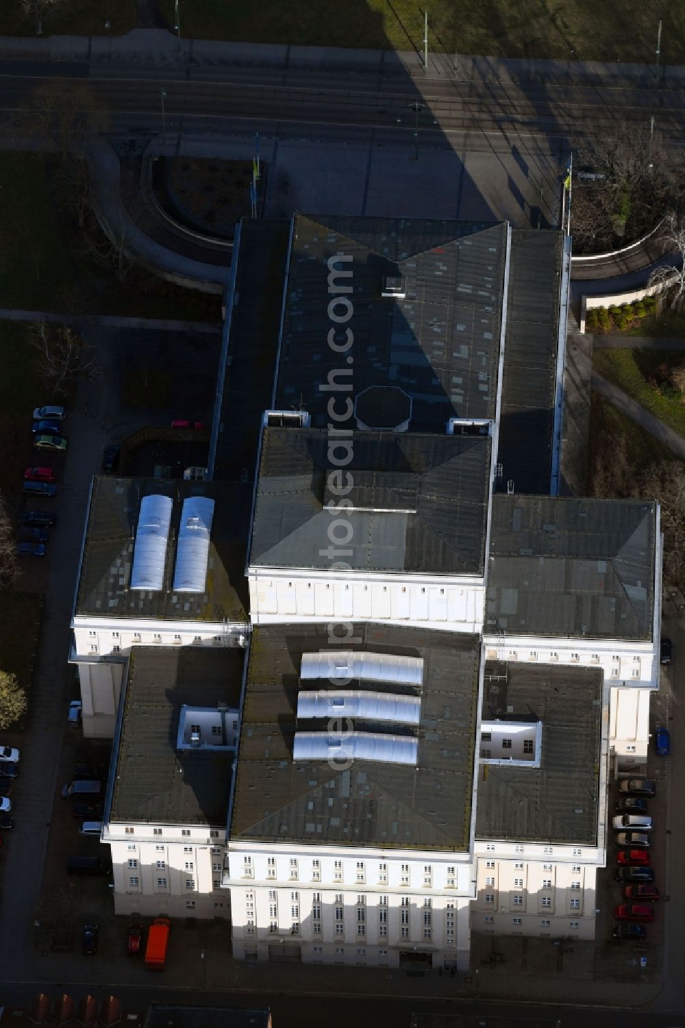 Dessau from the bird's eye view: Building of the concert hall and theater playhouse in Dessau in the state Saxony-Anhalt, Germany