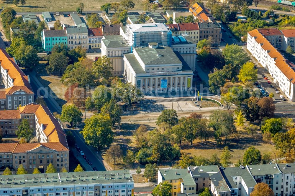 Dessau from above - Building of the concert hall and theater playhouse in Dessau in the state Saxony-Anhalt, Germany