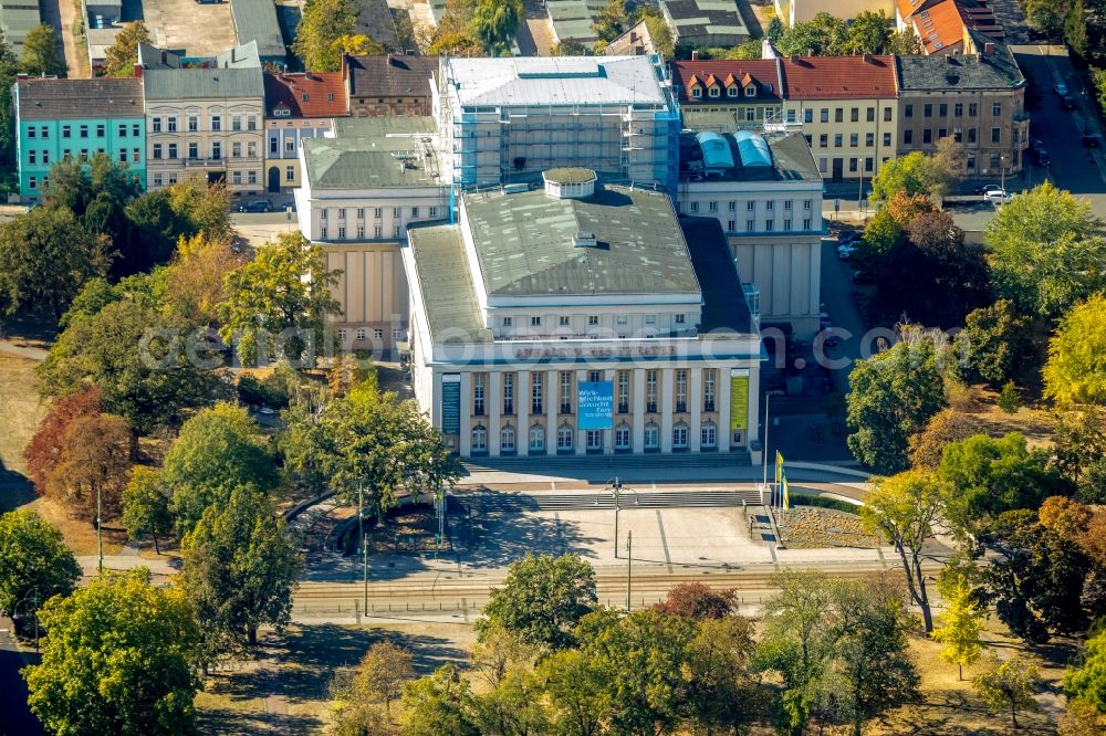 Dessau from the bird's eye view: Building of the concert hall and theater playhouse in Dessau in the state Saxony-Anhalt, Germany