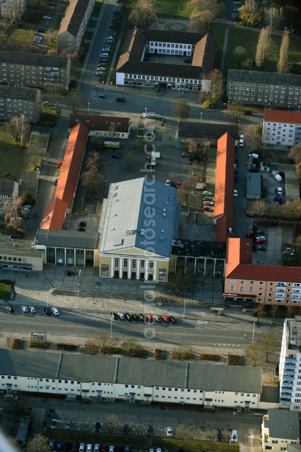 Eisenhüttenstadt from above - Building of the concert hall and theater playhouse in Eisenhuettenstadt in the state Brandenburg