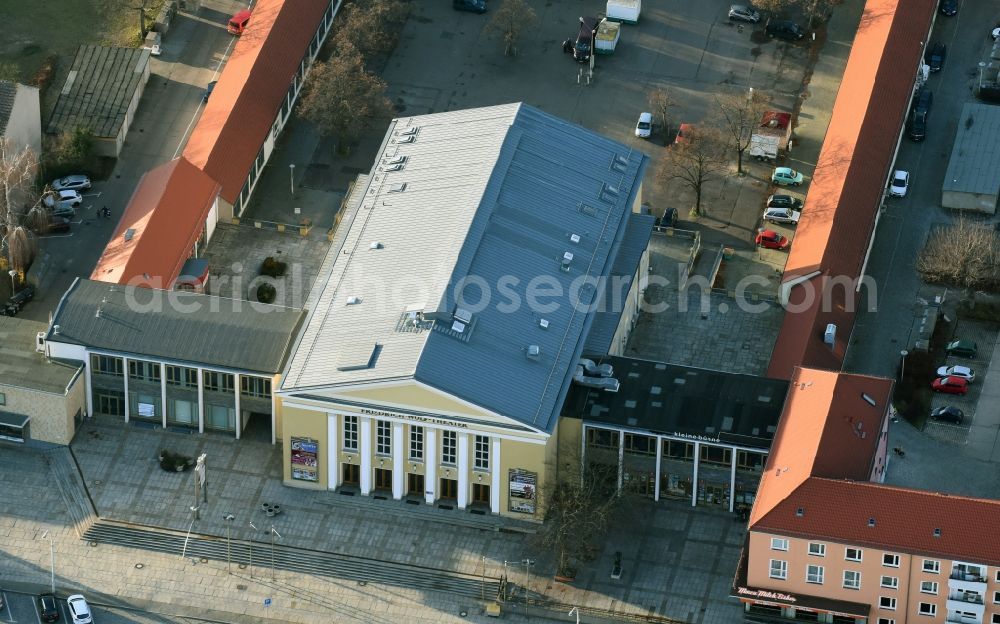 Eisenhüttenstadt from the bird's eye view: Building of the concert hall and theater playhouse in Eisenhuettenstadt in the state Brandenburg