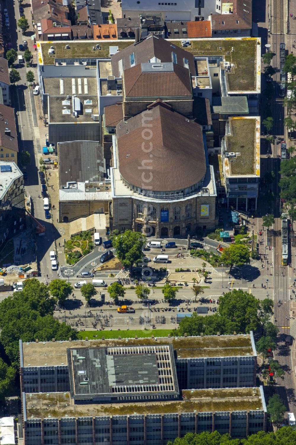 Freiburg im Breisgau from the bird's eye view: Building of the concert hall and theater playhouse in Freiburg im Breisgau in the state Baden-Wuerttemberg. theater.freiburg.de