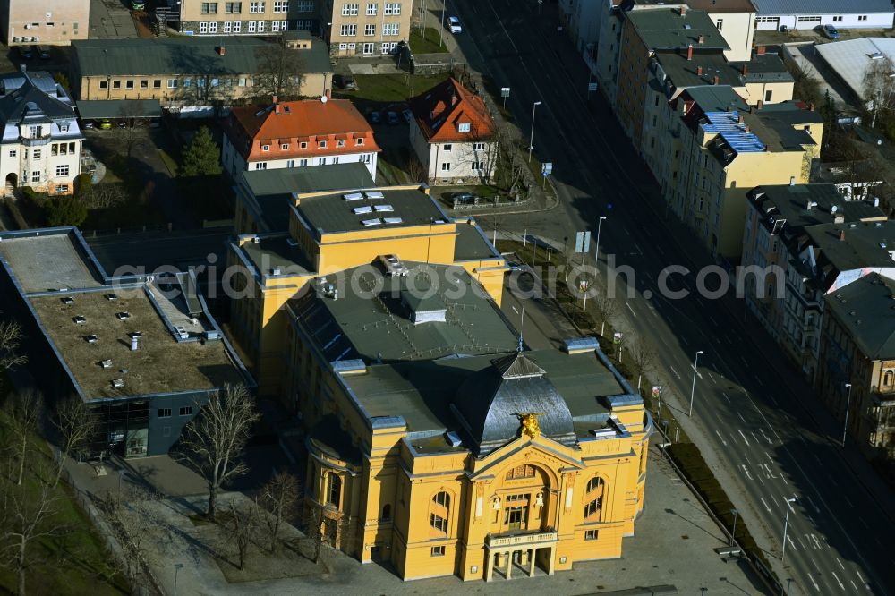 Gera from above - Building of the concert hall and theater playhouse in Gera in the state Thuringia, Germany