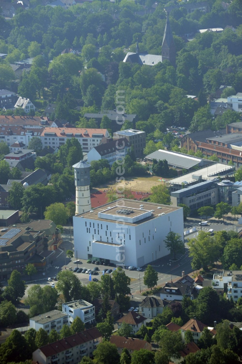 Gütersloh from the bird's eye view: Building of the concert hall and theater playhouse in Guetersloh in the state North Rhine-Westphalia