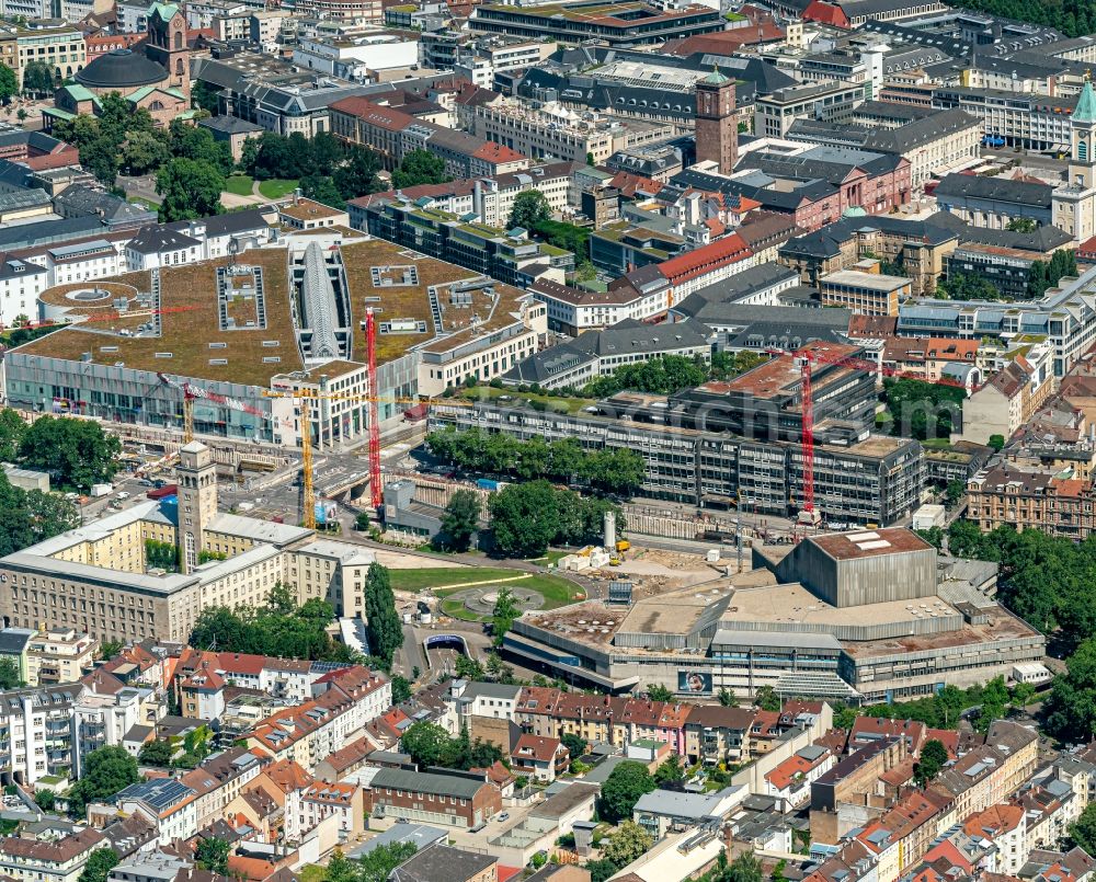 Karlsruhe from above - Building of the concert hall and theater playhouse in Karlsruhe in the state Baden-Wuerttemberg, Germany