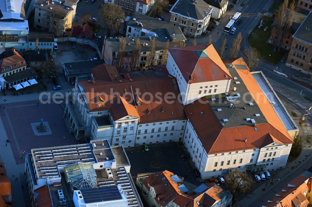 Weimar from above - Building of the concert hall and theater playhouse in Weimar in the state Thuringia, Germany