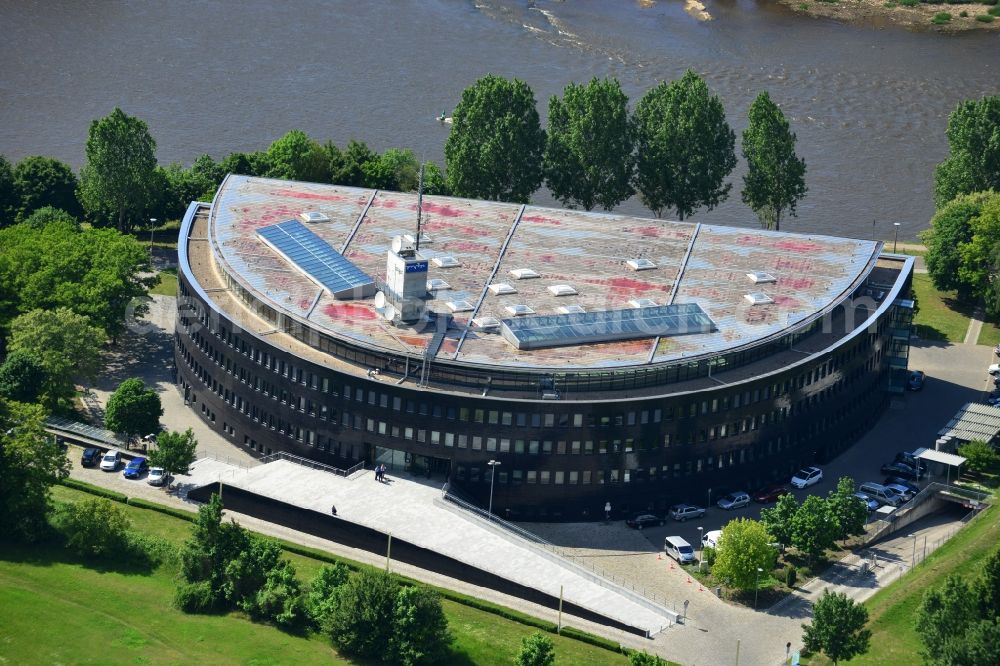 Magdeburg from above - Building of the state radio building of the MDR Central German Broadcasting on the banks of the Elbe in Magdeburg in Saxony-Anhalt