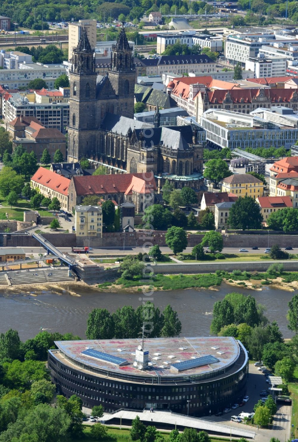 Magdeburg from above - Building of the state radio building of the MDR Central German Broadcasting on the banks of the Elbe in Magdeburg in Saxony-Anhalt