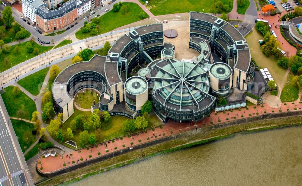 Düsseldorf from above - Building of parliament to the seat of the state government and the country's parliament on the banks of the river Rhine in Dusseldorf in North Rhine-Westphalia NRW