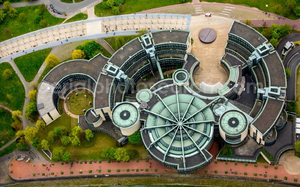 Düsseldorf from the bird's eye view: Building of parliament to the seat of the state government and the country's parliament on the banks of the river Rhine in Dusseldorf in North Rhine-Westphalia NRW