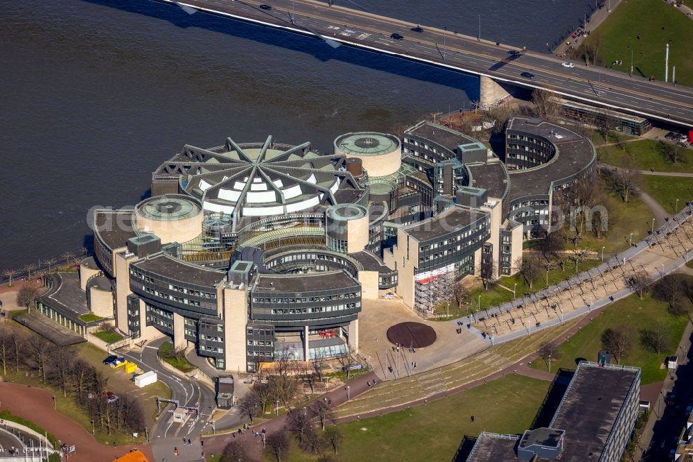 Düsseldorf from above - Building of parliament to the seat of the state government and the country's parliament on the banks of the river Rhine in Dusseldorf in North Rhine-Westphalia NRW