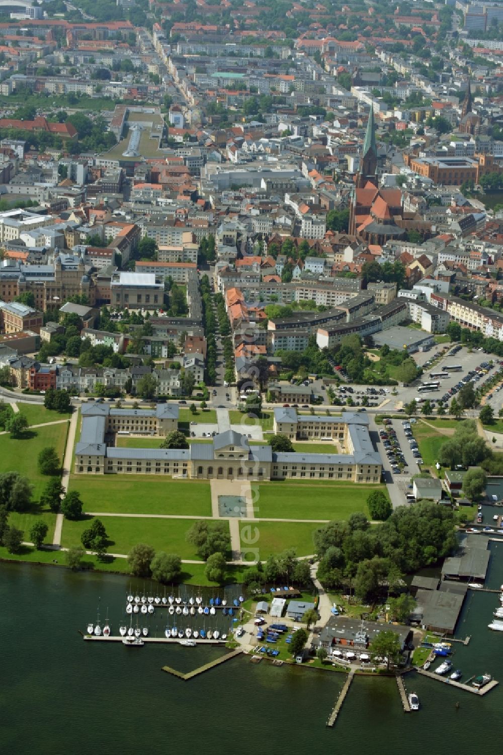 Schwerin from above - Building of stables Marstall in Schwerin in Mecklenburg-Western Pomerania