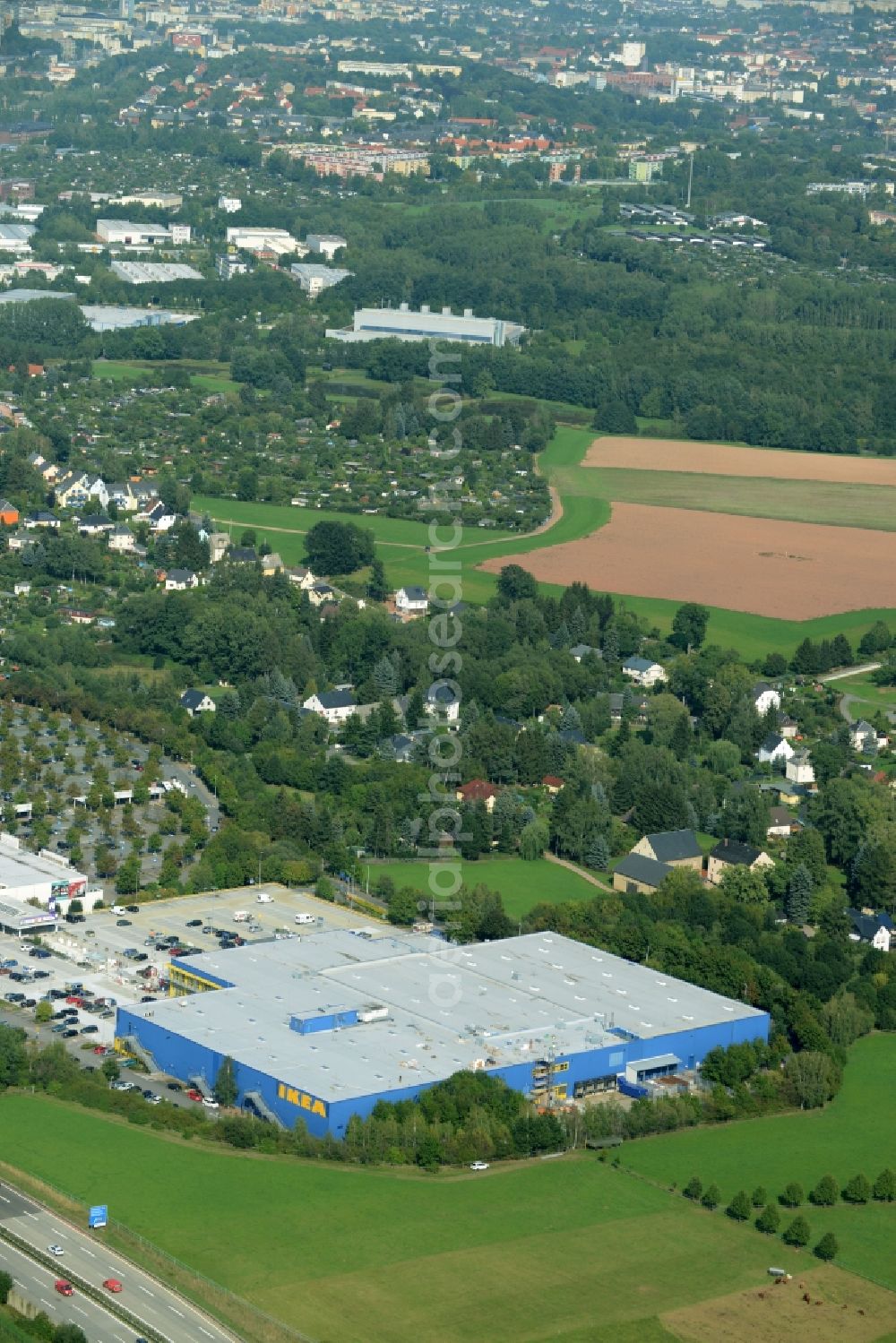 Chemnitz from above - Building of the store - furniture market IKEA Einrichtungshaus im Neefepark in Chemnitz in the state Saxony