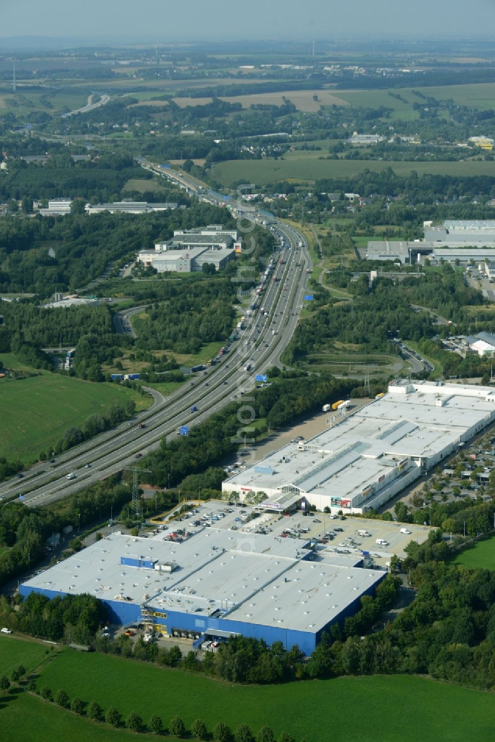 Chemnitz from above - Building of the store - furniture market IKEA Einrichtungshaus im Neefepark in Chemnitz in the state Saxony