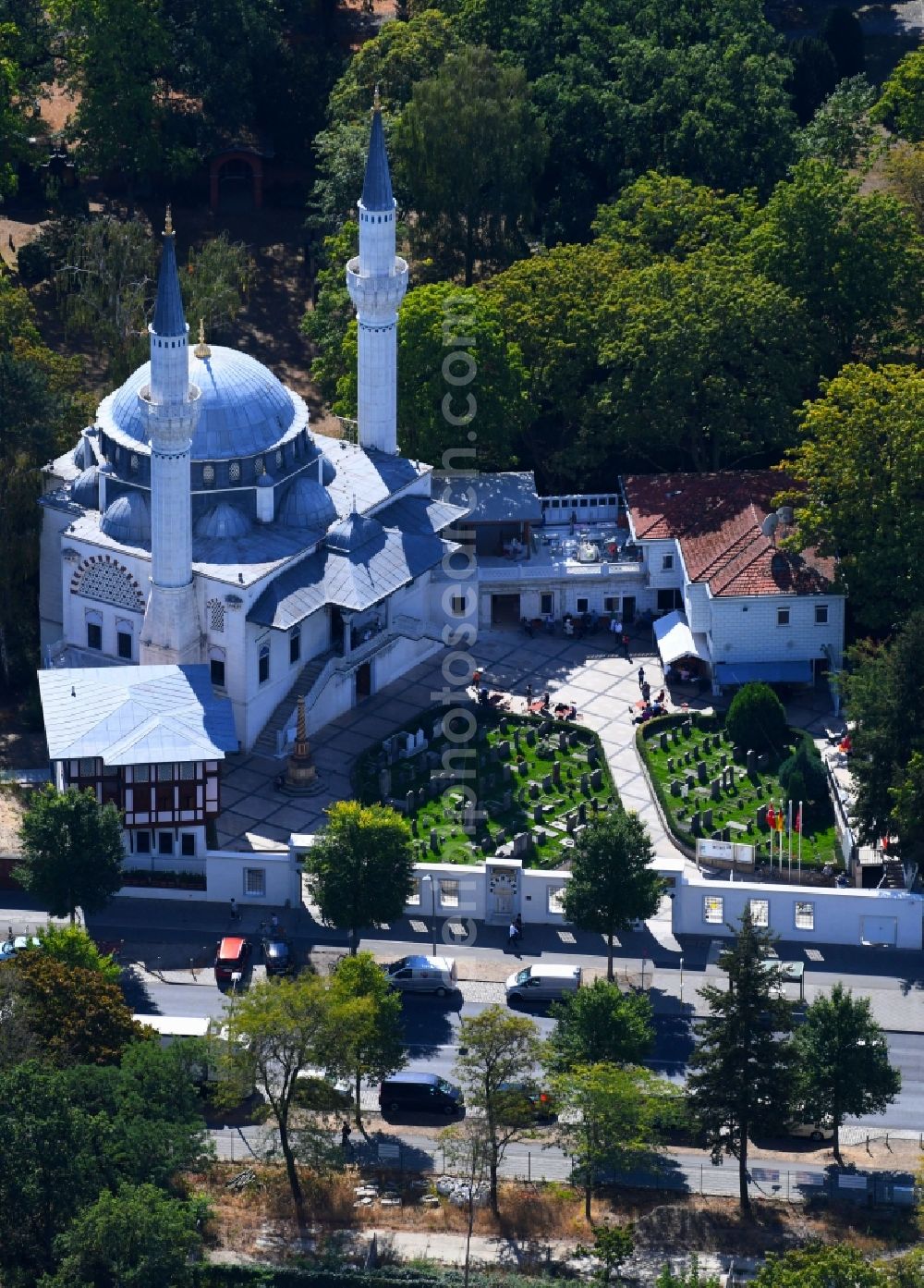 Berlin from the bird's eye view: Building of the mosque Sehitlik Conii on Columbiadonm in the district Neukoelln in Berlin, Germany