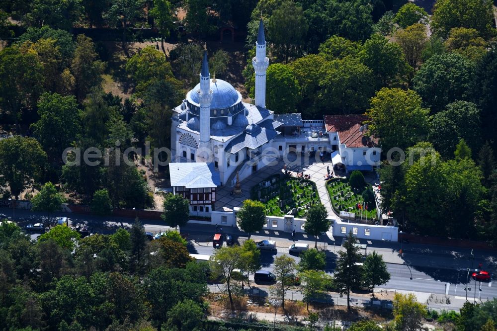 Aerial image Berlin - Building of the mosque Sehitlik Conii on Columbiadonm in the district Neukoelln in Berlin, Germany