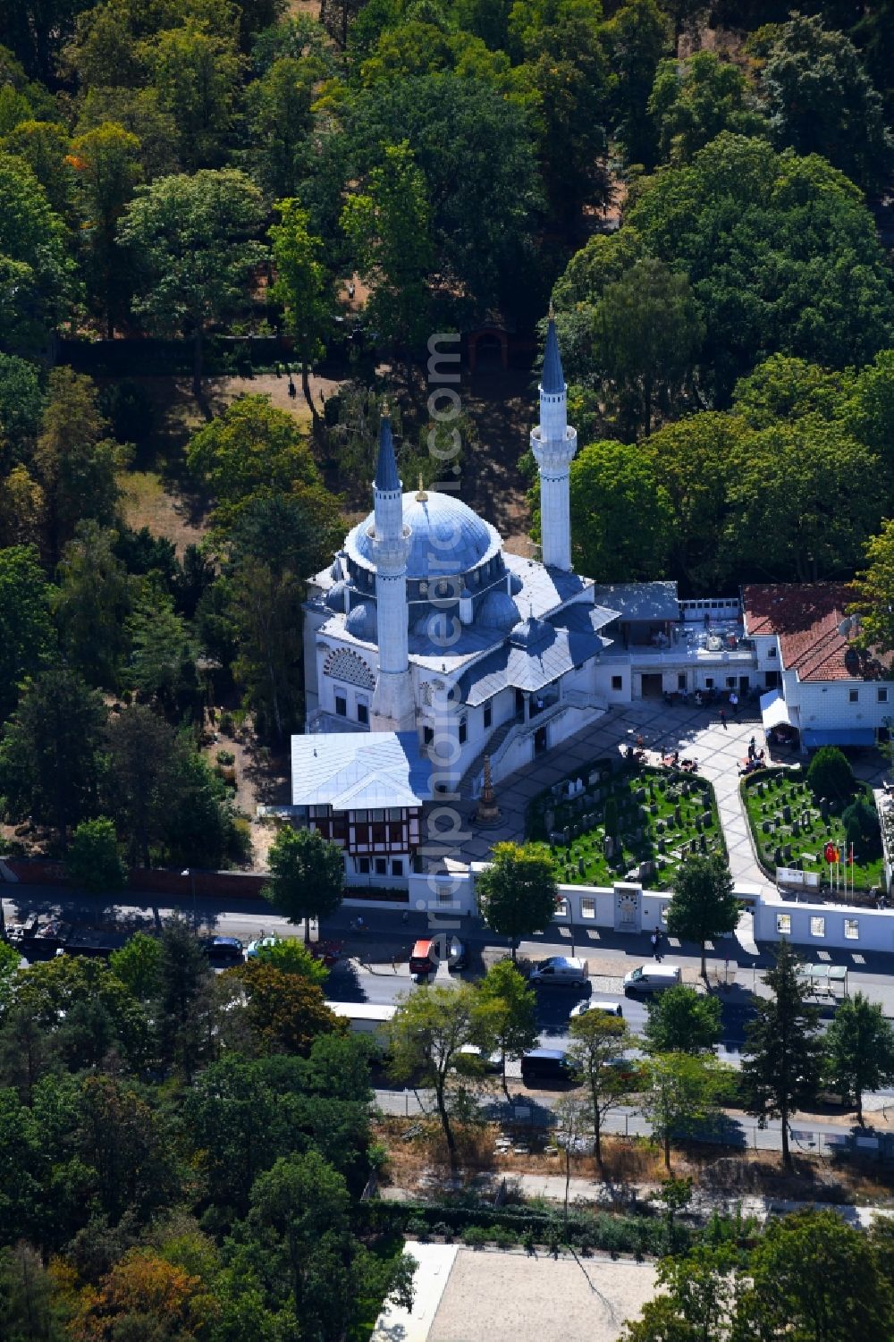 Aerial photograph Berlin - Building of the mosque Sehitlik Conii on Columbiadonm in the district Neukoelln in Berlin, Germany