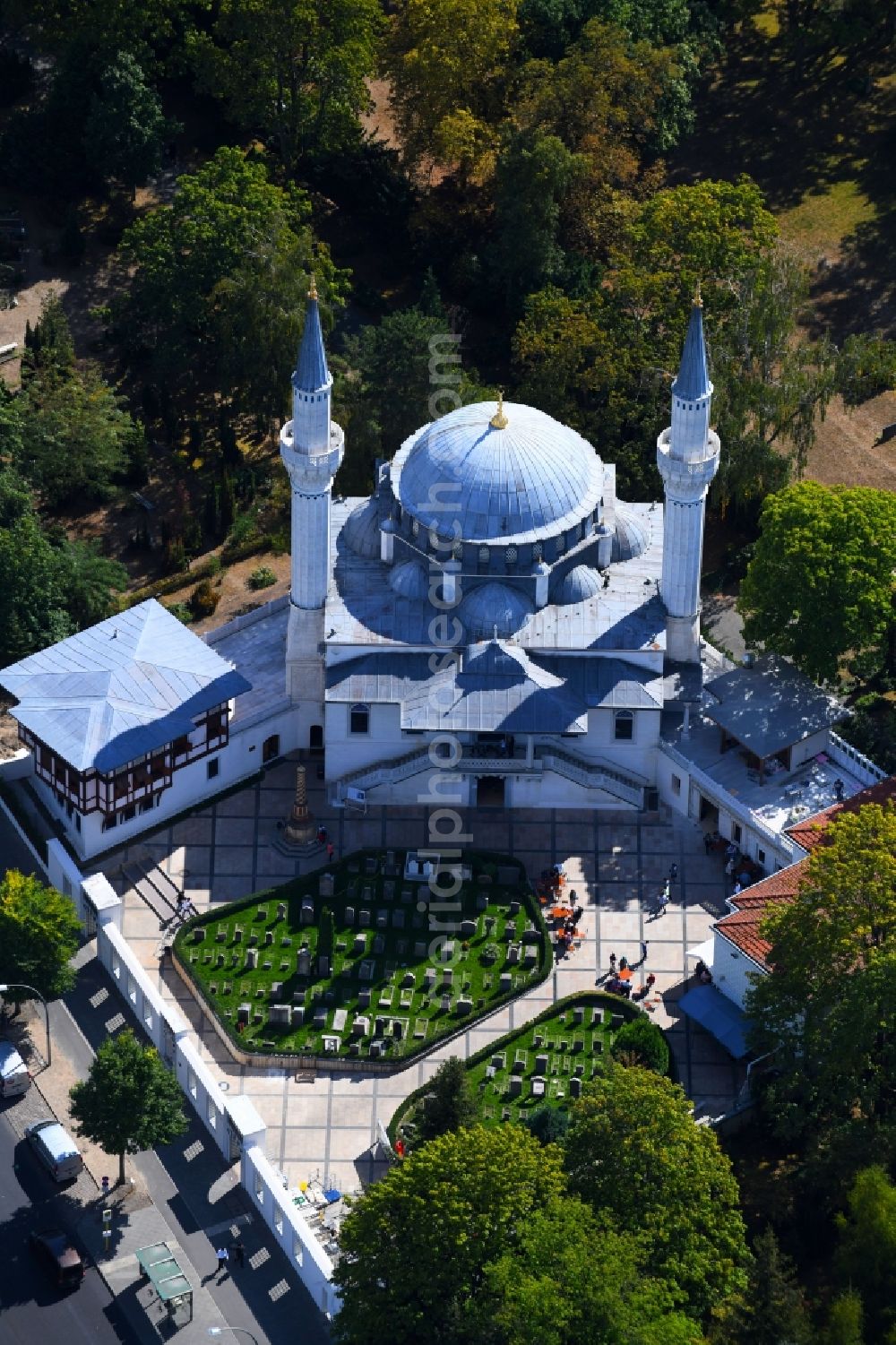 Berlin from above - Building of the mosque Sehitlik Conii on Columbiadonm in the district Neukoelln in Berlin, Germany