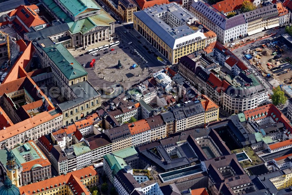 München from above - Building of the national theater at the Max-Joseph-Platz in Munich, Bavaria. The opera house in the Old Town is the venue for the Bavarian State Opera, the Bavarian State Orchestra and the Bavarian State Ballet