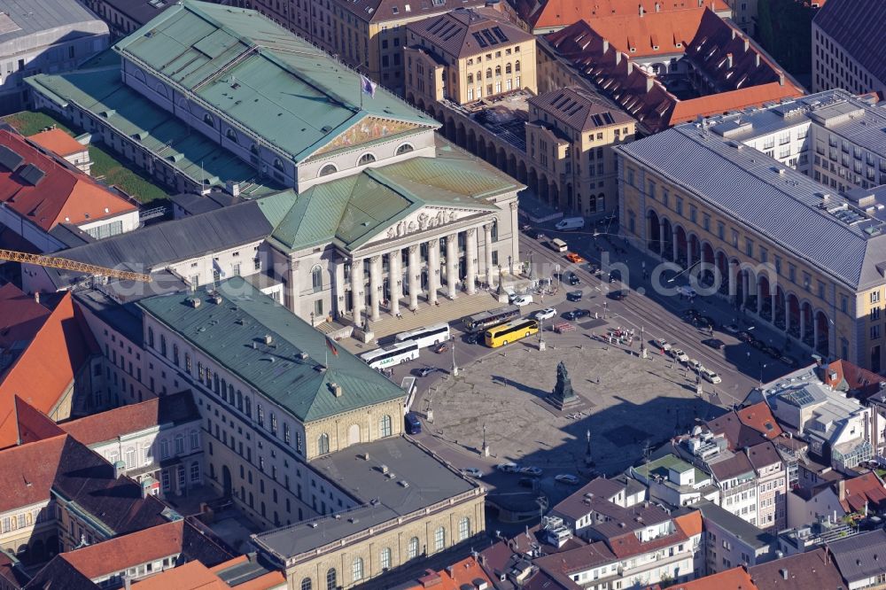 Aerial image München - Building of the national theater at the Max-Joseph-Platz in Munich, Bavaria. The opera house in the Old Town is the venue for the Bavarian State Opera, the Bavarian State Orchestra and the Bavarian State Ballet