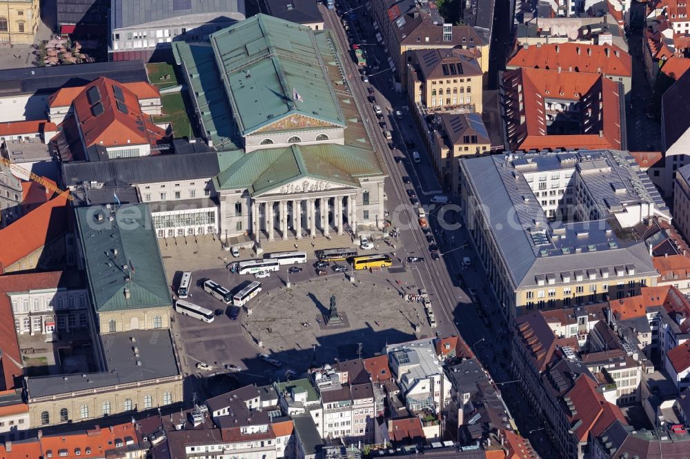 München from above - Building of the national theater at the Max-Joseph-Platz in Munich, Bavaria. The opera house in the Old Town is the venue for the Bavarian State Opera, the Bavarian State Orchestra and the Bavarian State Ballet