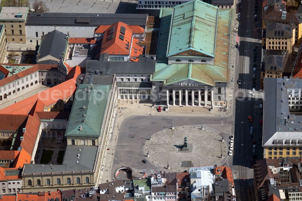 München from above - Building of the national theater at the Max-Joseph-Platz in Munich, Bavaria. The opera house in the Old Town is the venue for the Bavarian State Opera, the Bavarian State Orchestra and the Bavarian State Ballet