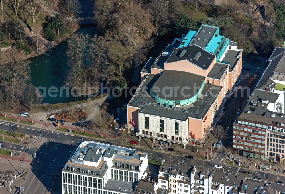 Düsseldorf from above - View of the opera house with the adjacent courtyard garden in Dusseldorf in the state North Rhine-Westphalia. This opera hous appertains to the German Opera on the Rhine