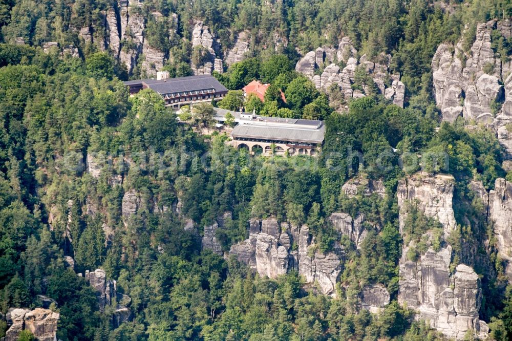 Rathen from the bird's eye view: Building of the restaurant Panorama Restaurant Bastei in Rathen in the state Saxony, Germany