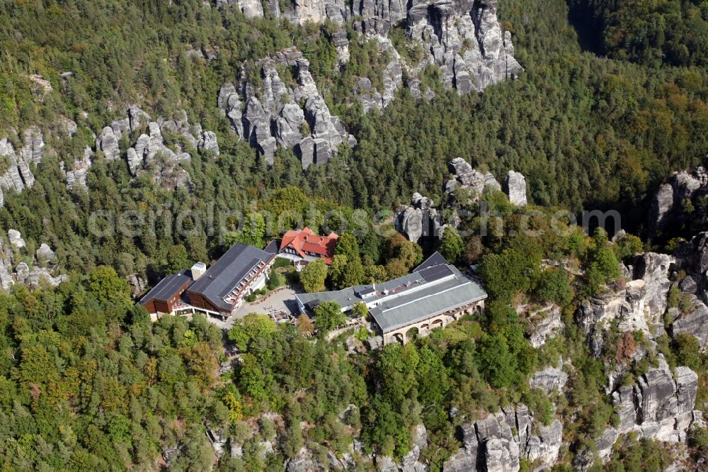 Aerial image Rathen - Building of the restaurant Panorama Restaurant Bastei in Rathen in the state Saxony, Germany