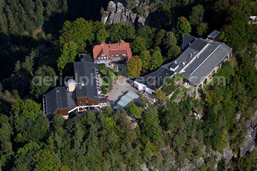 Rathen from above - Building of the restaurant Panorama Restaurant Bastei in Rathen in the state Saxony, Germany