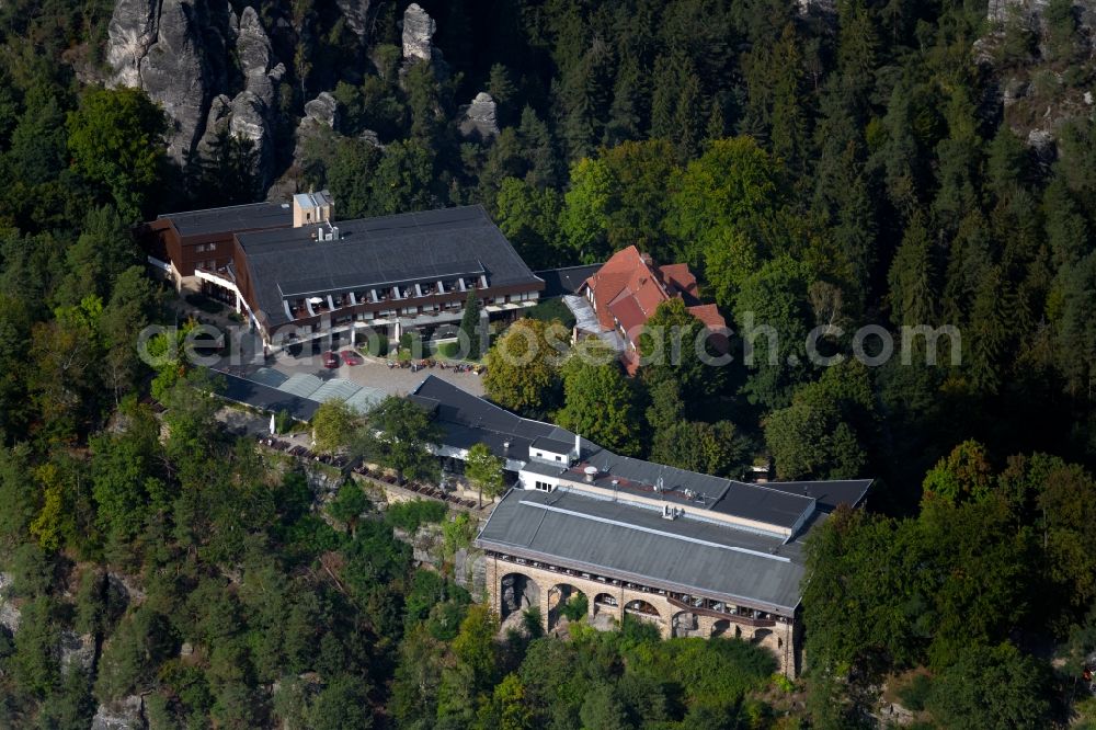 Aerial image Rathen - Building of the restaurant Panorama Restaurant Bastei in Rathen in the state Saxony, Germany