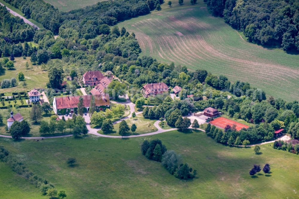 Eigeltingen from above - Buildings and parks at the mansion of the farmhouse in Eigeltingen in the state Baden-Wuerttemberg, Germany