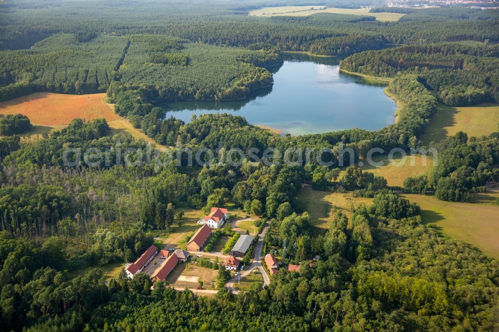 Neu-Drosedow from the bird's eye view: Buildings and park of the farmhouse mansion Gut Drosedow in Neu-Drosedow in the state of Mecklenburg - Western Pomerania. Lake Peetschsee is located in the background, surrounded by forest