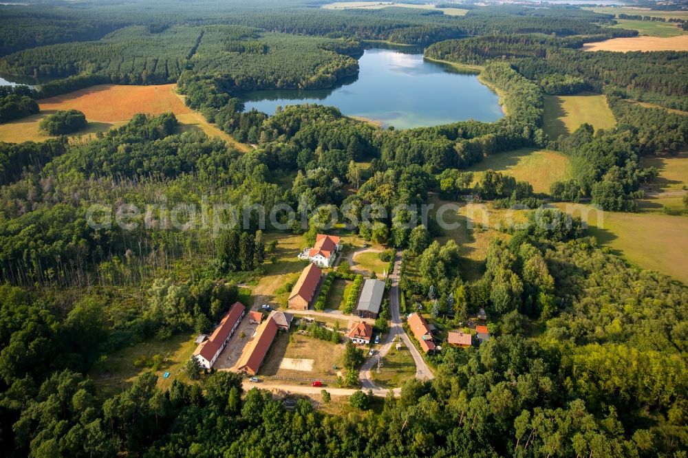 Aerial photograph Neu-Drosedow - Buildings and park of the farmhouse mansion Gut Drosedow in Neu-Drosedow in the state of Mecklenburg - Western Pomerania. Lake Peetschsee is located in the background, surrounded by forest